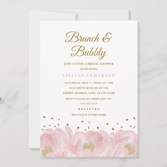 Elegantes Rosa Peony Brunch und Bubbly Brautparty Einladung (Vorderseite)