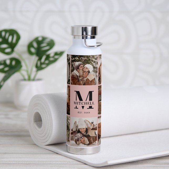 Elegantes rosa Personalisiertes Monogramm und Foto Trinkflasche (Yoga)