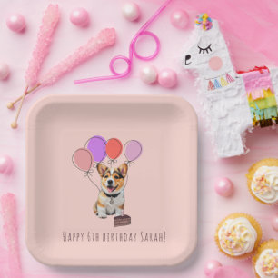 Elegantes Rosa Pfirsich Neutrale Corgi-Geburtstags Pappteller