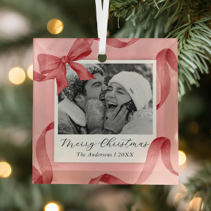 Elegantes Rosa Red Bow Foto Ornament Aus Glas