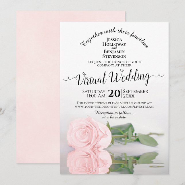 Elegantes Rosa Reflektieren der Rose Virtual Weddi Einladung (Vorne/Hinten)