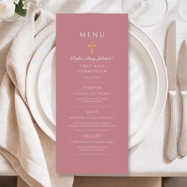 Elegantes rosa religiöses Kreuz Erstkommunion Menükarte (Elegant Pink Religious Cross First Communion Menu)