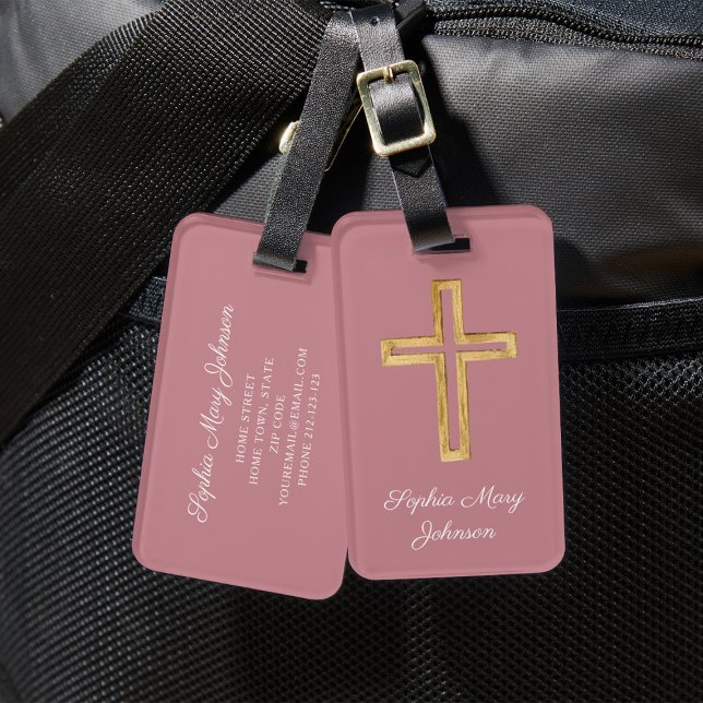 Elegantes rosa religiöses Kreuz Gepäckanhänger (Elegant Religious Cross Dusty Pink Script Luggage Tag)