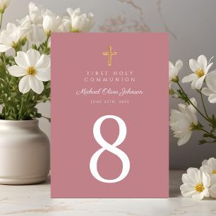 Elegantes rosa religiöses Kreuz Mädchen Erstkommun Tischnummer