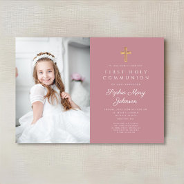 Elegantes Rosa Religious Girl Foto Erste Kommune Einladung