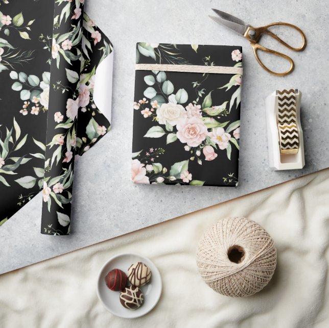 Elegantes Rosa Rosa Eukalyptus Black Geschenkpapier (Basteln)