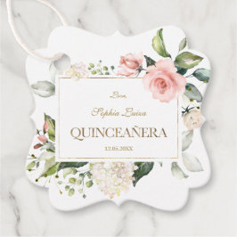 Elegantes Rosa Rosa Weiße Blume Gold Quinceañera Geschenkanhänger