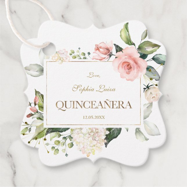Elegantes Rosa Rosa Weiße Blume Gold Quinceañera Geschenkanhänger (Vorderseite)