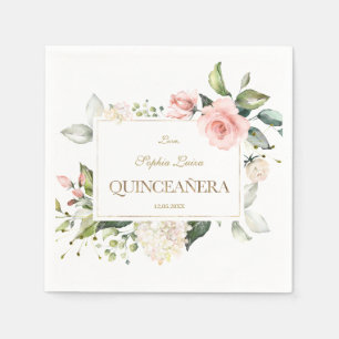 Elegantes Rosa Rosa Weiße Blume Gold Quinceañera Serviette