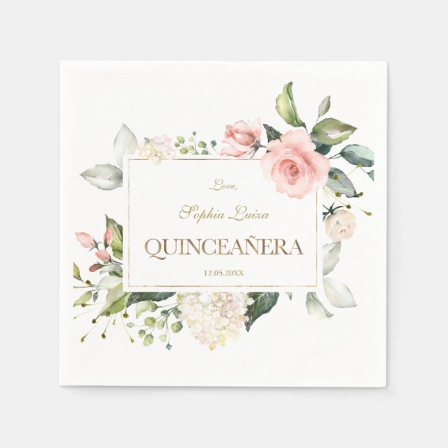 Elegantes Rosa Rosa Weiße Blume Gold Quinceañera Serviette (Vorderseite)