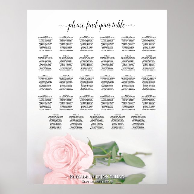 Elegantes Rosa Rose 29 Tabelle Hochzeitstabelle Poster (Vorne)