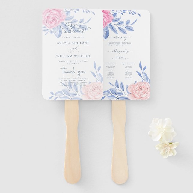 Elegantes rosa Rose Blue Minimalistisch Wedding Pr Fächer (Vorne und Hinten)