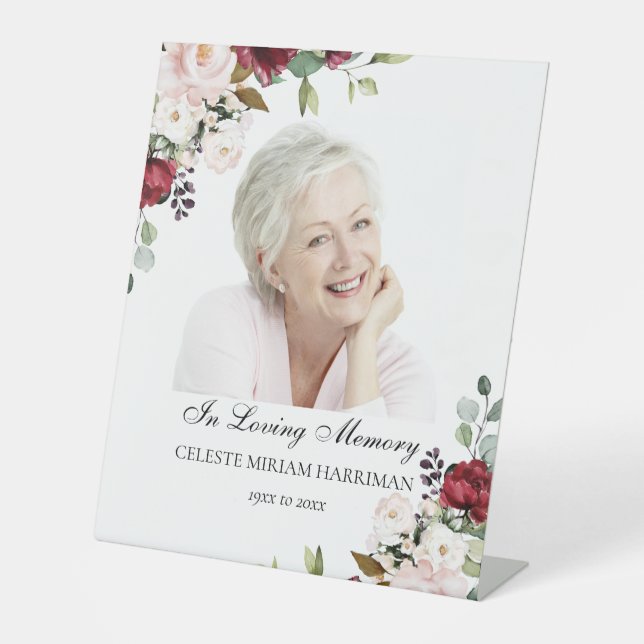 Elegantes Rosa Rose Blumenbeerdigung Foto Sockelschild (Vorderseite)