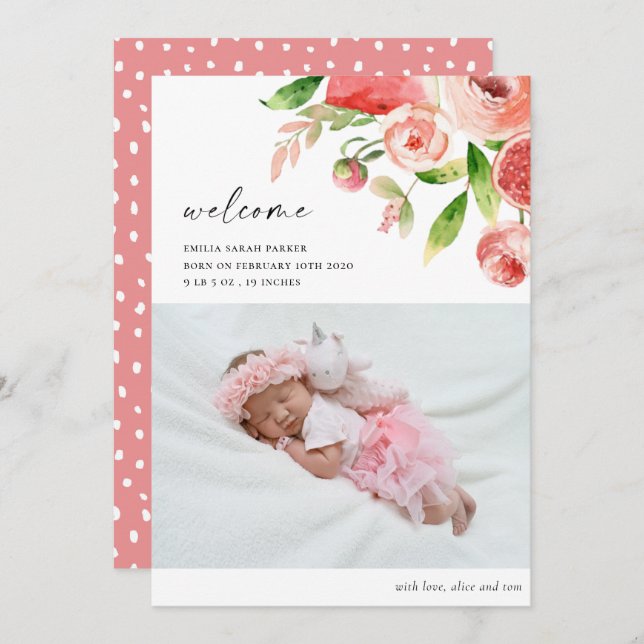 Elegantes Rosa Rose Floral Foto Baby Birth Ankündigung (Vorne/Hinten)