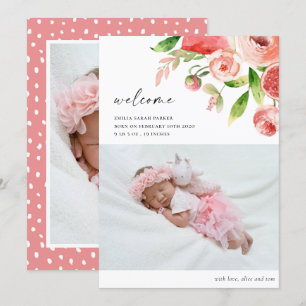 Elegantes Rosa Rose Floral Foto Baby Birth Ankündigung