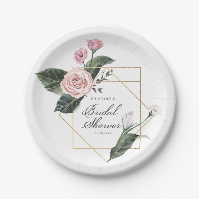 Elegantes Rosa Rose-Floral-Gold-Rahmen-Brautparty Pappteller (Vorderseite)