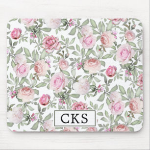 Elegantes rosa Rose Floral Monogramm Mousepad