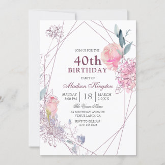 Elegantes rosa Rose Geometric, 40. Geburtstags-Par Einladung