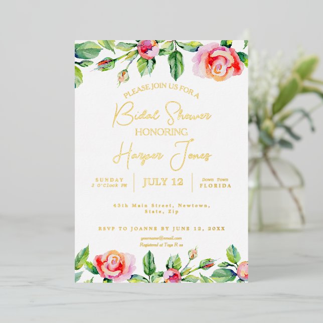 Elegantes rosa Rose & Gold Foil Brautparty Folieneinladung (Stehend vorne)