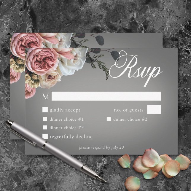 Elegantes Rosa Rose Grau RSVP Karte (Elegant Pink White Floral Rose Gray Wedding Dinner RSVP Card)