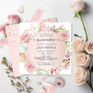 Elegantes Rosa, Rose, Rose Gold Blumenkohl Quincea Einladung