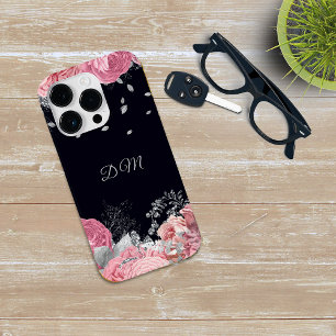 Elegantes rosa Rose Silver Leaf Monogramm Case-Mate iPhone 14 Pro Hülle