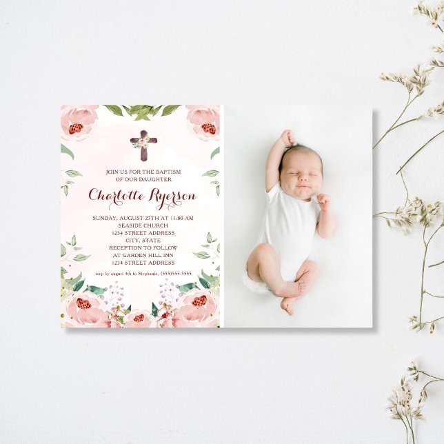 Elegantes, rosa Rosenbläschen Taufbecken Foto Einladung (Von Creator hochgeladen)