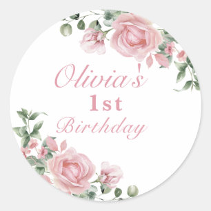 Elegantes Rosa Roses 1. Geburtstag Party Runder Aufkleber