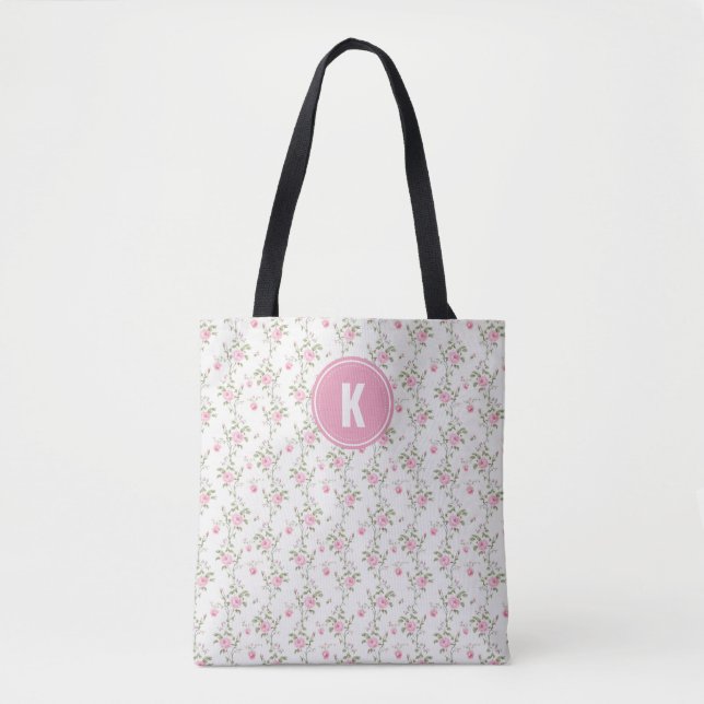 Elegantes rosa Roses Blume Muster Monogramm (Vorderseite)