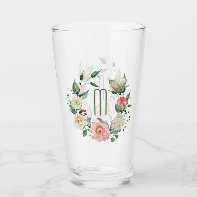 Elegantes rosa Rosewreath-Monogramm Glas (Vorderseite)