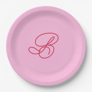 Elegantes rosa & rotes Monogramm Schrift Name  Pappteller