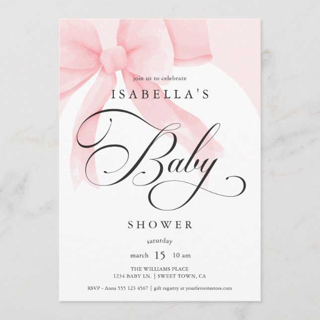 Elegantes rosa Schleifen-Babyshower-Manuskript Einladung (Vorderseite)
