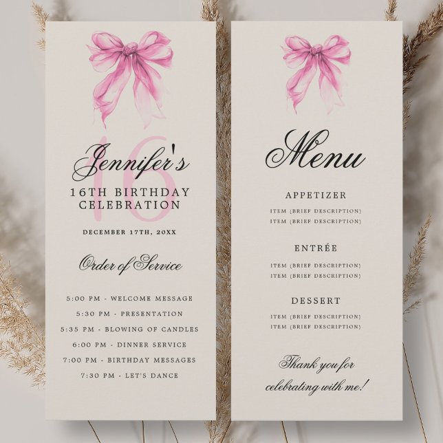 Elegantes rosa Schleifen-Programm-Menü zur 16. Geb Einladung (Elegant Pink Bow 16th Birthday Party Program Menu)