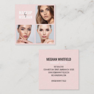 Elegantes Rosa-Schminken-Schrift-3-Foto-Make-up Quadratische Visitenkarte