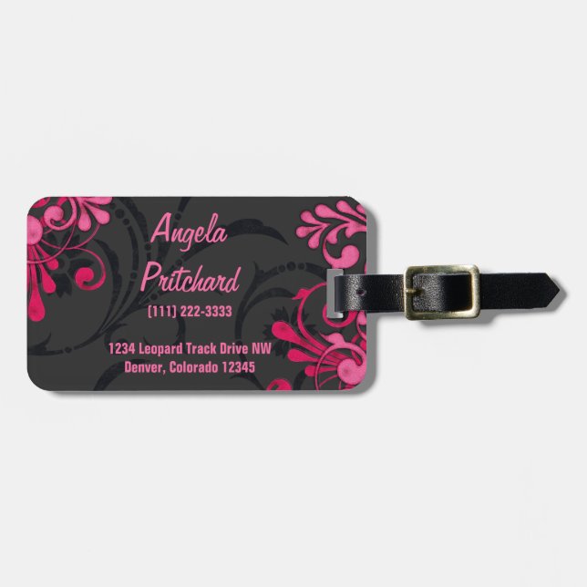 Elegantes Rosa Schwarz Abstrakt Blüten Personalisi Gepäckanhänger (Vorderseite horizontal)