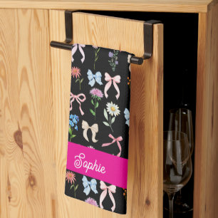 Elegantes Rosa-Schwarz-Blumenmuster mit Chic-Bow Geschirrtuch