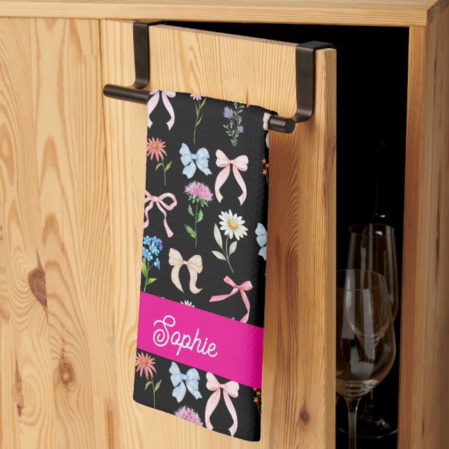Elegantes Rosa-Schwarz-Blumenmuster mit Chic-Bow Geschirrtuch (Drittel gefaltet)