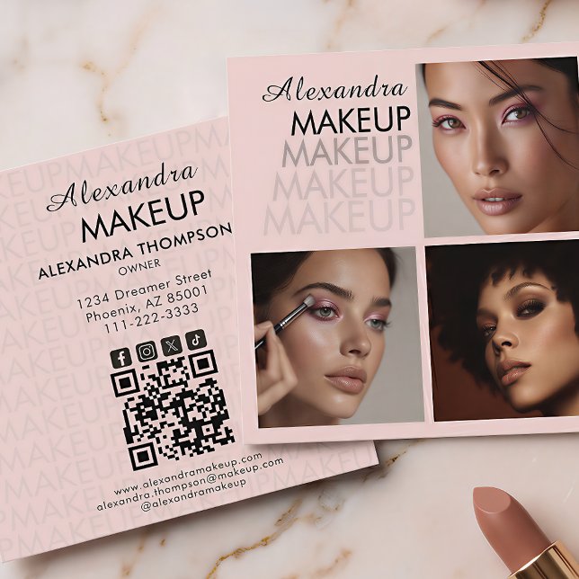 Elegantes Rosa-Schwarz-Schrift-3-Foto-Make-up Quadratische Visitenkarte (Von Creator hochgeladen)