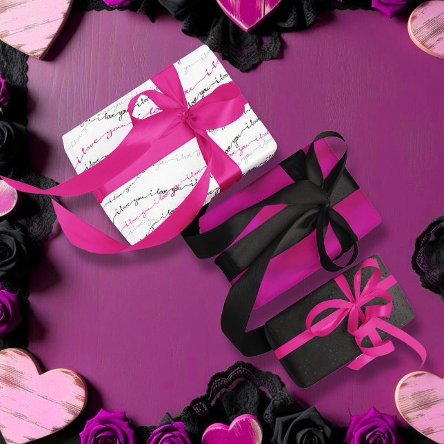Elegantes Rosa, Schwarz, und ich Liebe Sie Valenti Geschenkpapier Set (Elegant Pink, Black, and I Love You Valentine's Wrapping Paper Sheets)