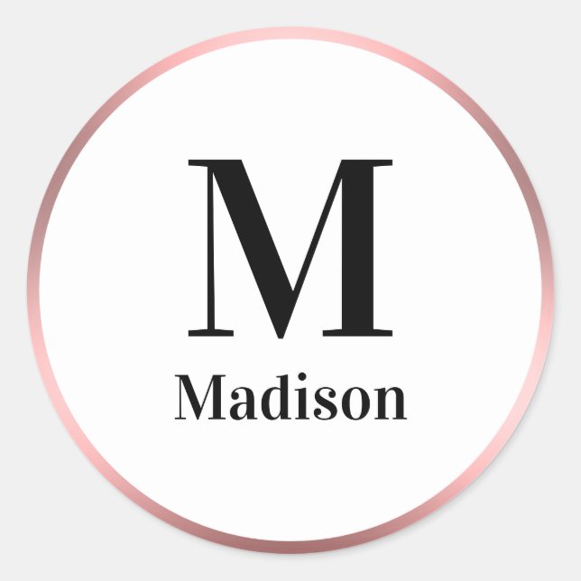Elegantes rosa Schwarz-Weiß-Monogramm mit Name Runder Aufkleber (Vorderseite)