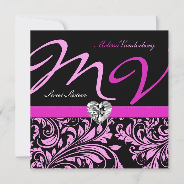 Elegantes rosa/schwarzes Damast-Monogramm 16. Einladung (Vorderseite)