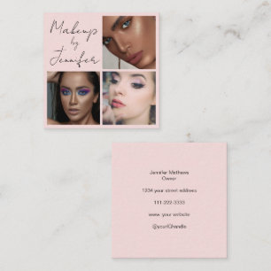 Elegantes, rosa Schwarzes Script 3 Foto Makeup Quadratische Visitenkarte