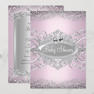 Elegantes Rosa & Silber Damast Prinzessin Baby-Ein Einladung