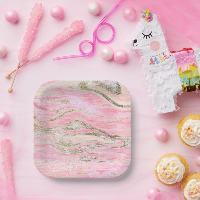 Elegantes rosa Silberner Glitzer Marmormuster Pappteller (Party)