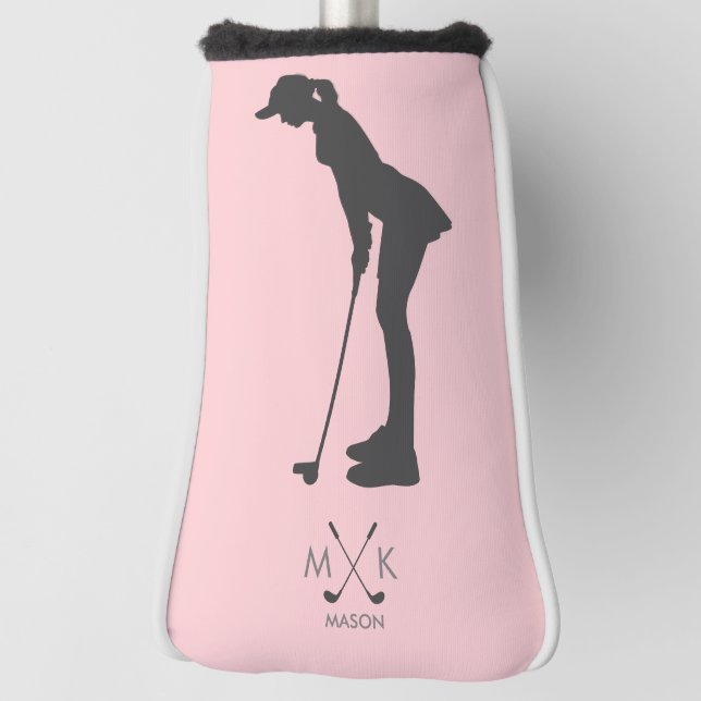 Elegantes Rosa | Silhouette des weiblichen Golfers Golf Headcover (Rotieren 90)