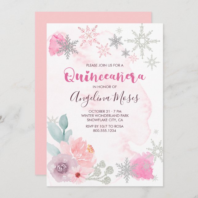 Elegantes Rosa Silver Winter Wonderland Quinceaner Einladung (Vorne/Hinten)