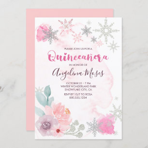 Elegantes Rosa Silver Winter Wonderland Quinceaner Einladung