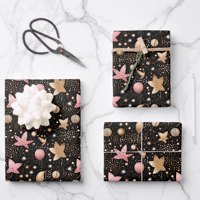 Elegantes rosa Sternmuster gekachelt Geschenkpapier Set (Vorderseite)
