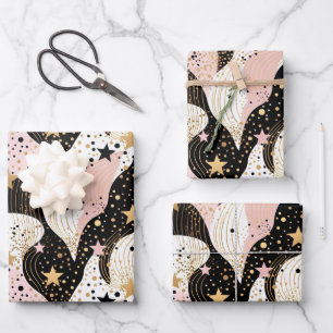 Elegantes rosa Sternmuster gekachelt Geschenkpapier Set