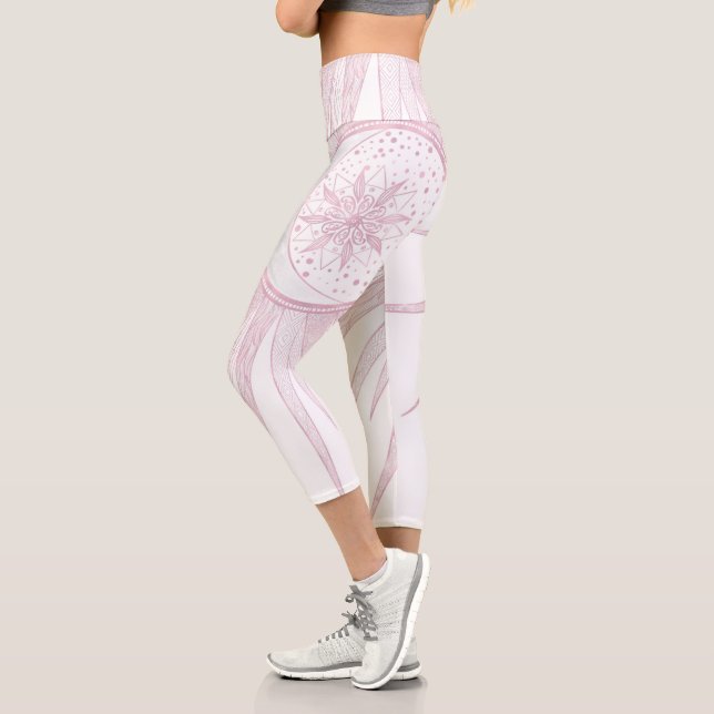 Elegantes rosa Sun Moon Doodle Mandala Weißes Desi Capri Leggings (Links)